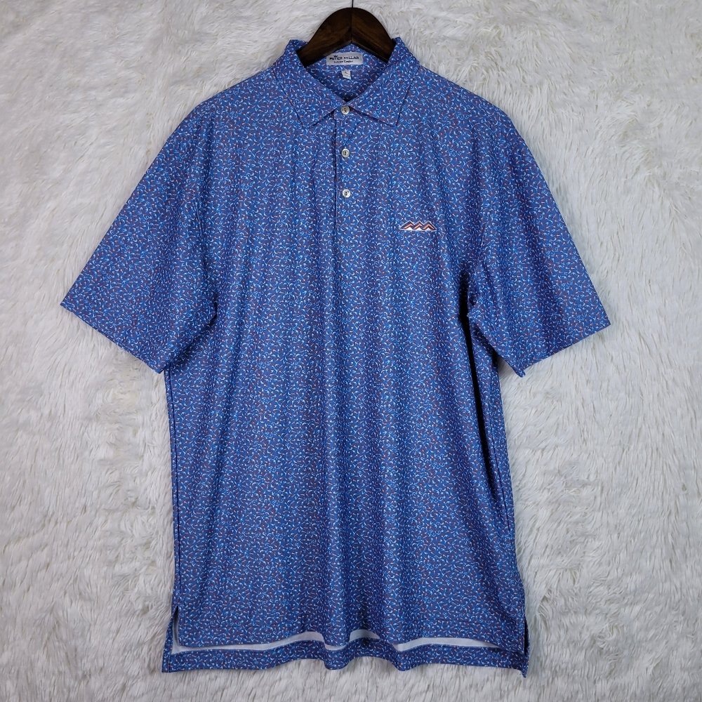 Peter Millar Mens L Blue Bird Print Cathay Performance Polo Golf Preppy